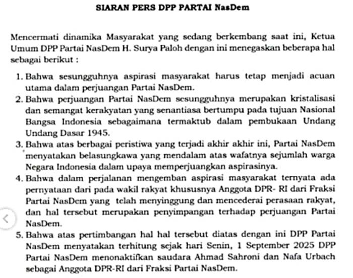 NasDem Nonaktifkan Ahmad Sahroni dan Nafa Urbach dari DPR Gara-Gara Singgung Rakyat
